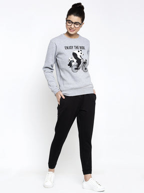 Women Grey Round Neck Printed Sweatshirt