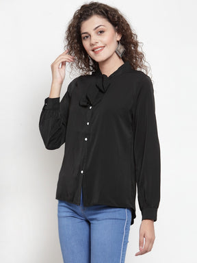 Women Black Shirt Blouse With Neck Tie