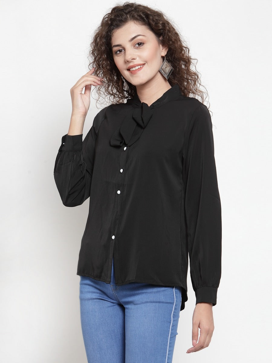 Women Black Shirt Blouse With Neck Tie