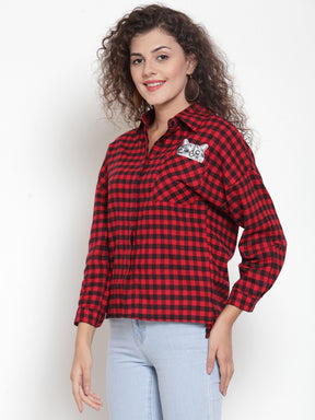 Women Red Checked Shirt With Embroidered Cat