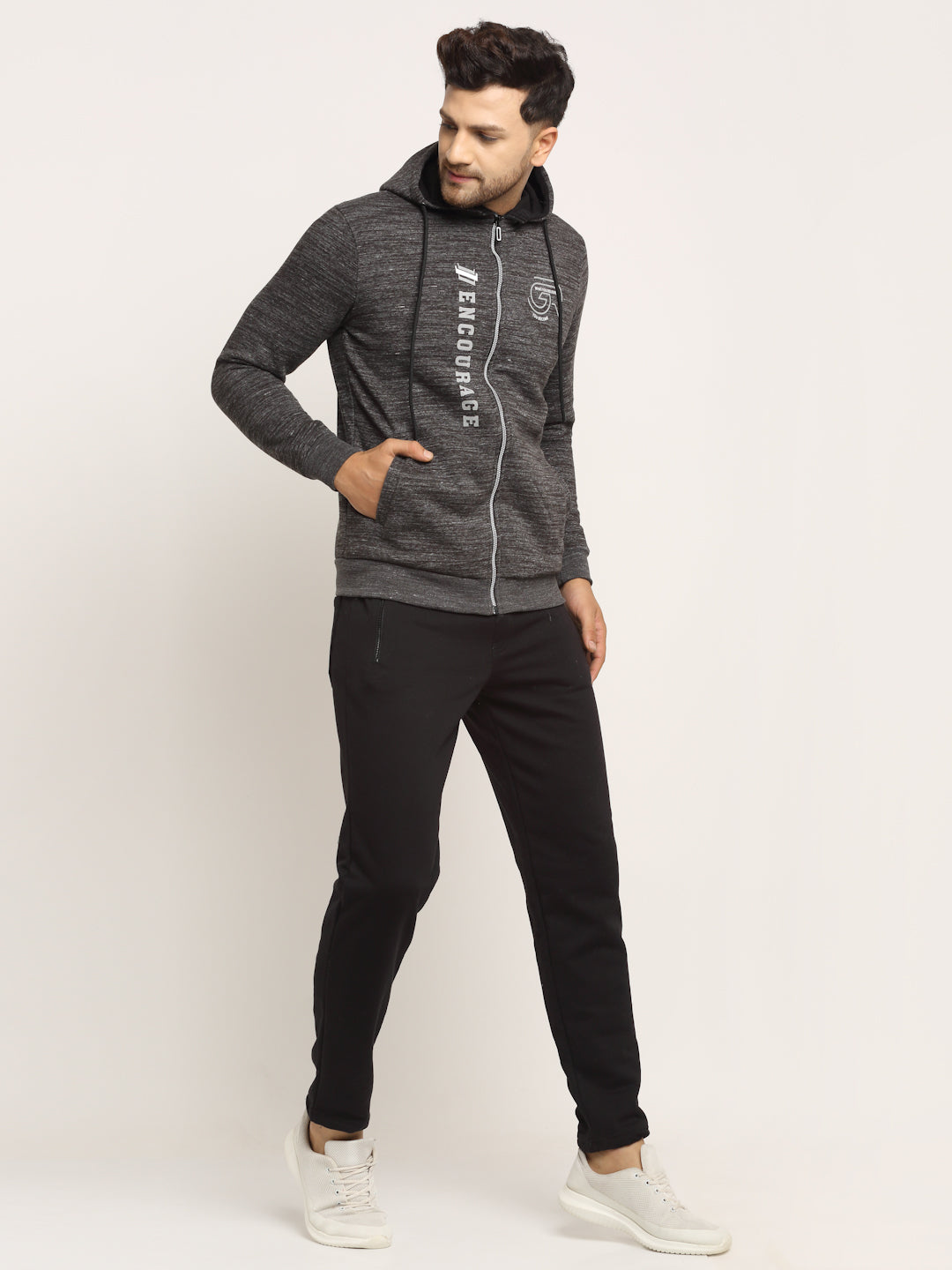 Men Black Hood Hosiery Solid Tracksuit