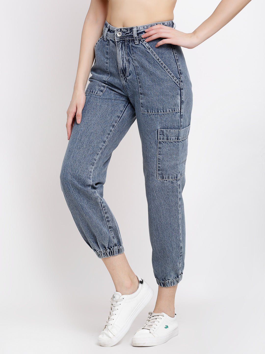 Women Blue Denim Solid Ankle Length Jogger