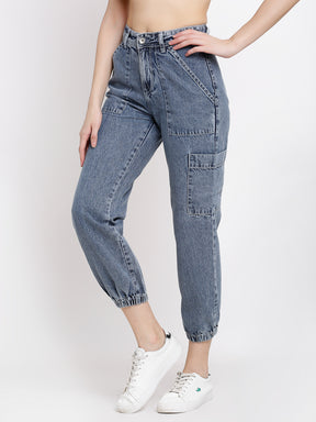 Women Blue Denim Solid Ankle Length Jogger