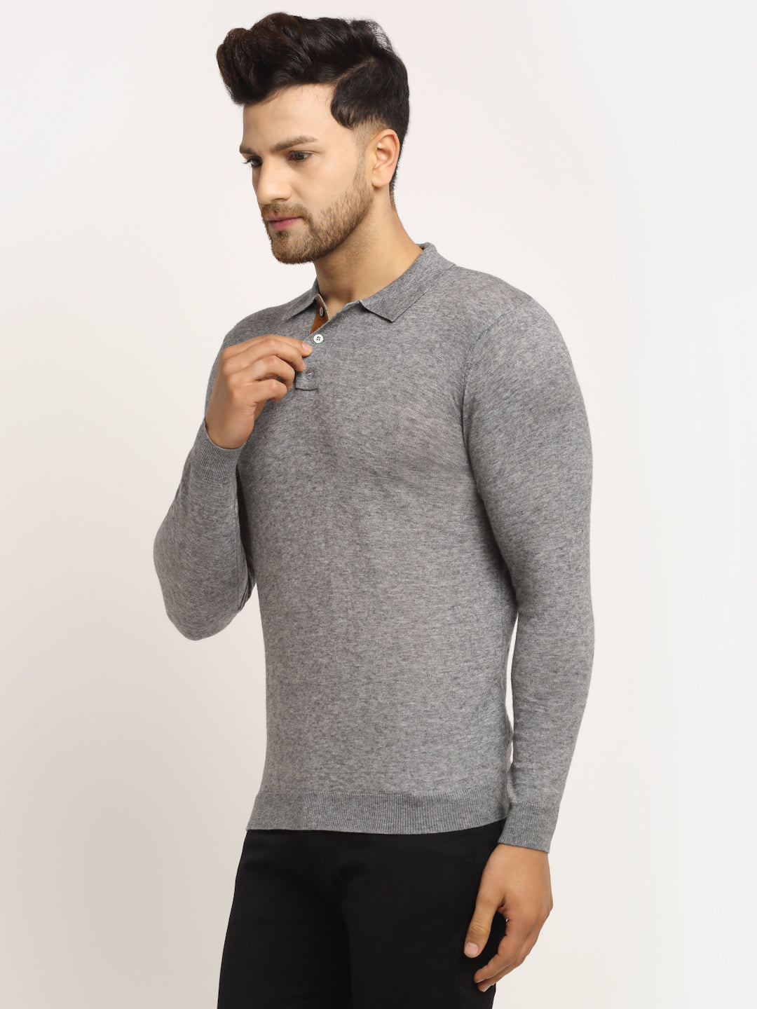 Men Grey Polo Neck Knit Solid Pullover