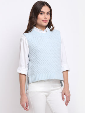 Women Blue Round Neck Sleeveless Knit Pullover