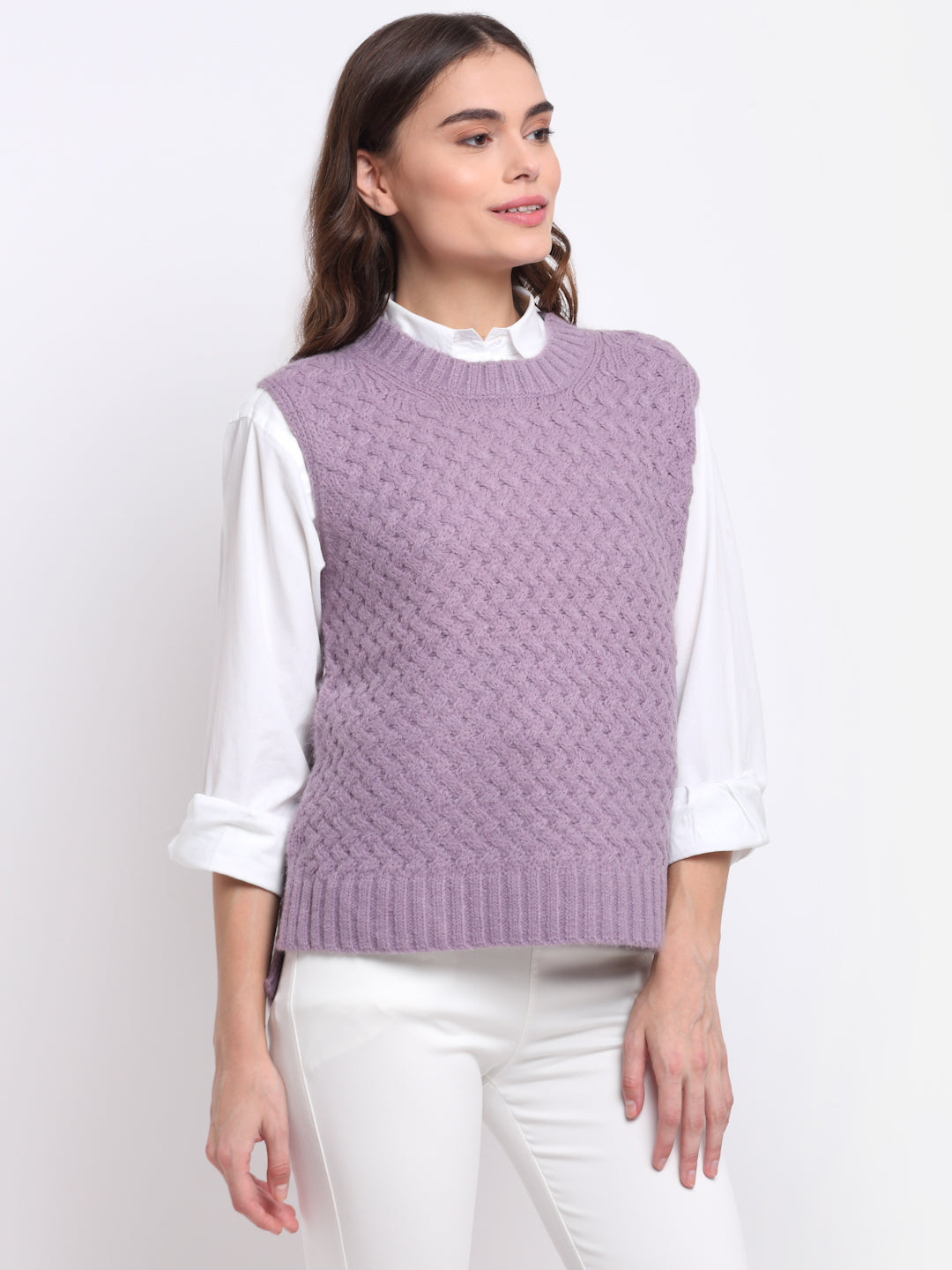 Women Purple Round Neck Sleeveless Knit Pullover