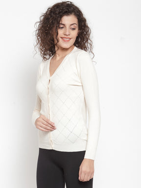 Women Solid Beige Cardigan With Pearls