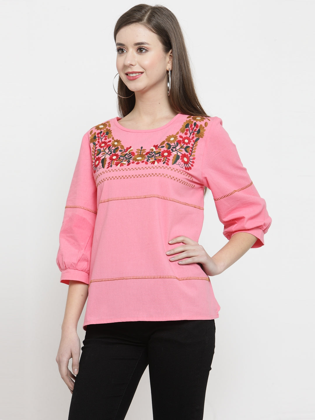 Women Printed Red Round Neck Top
