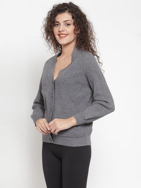 Women Solid Grey Cardigans With Pockets