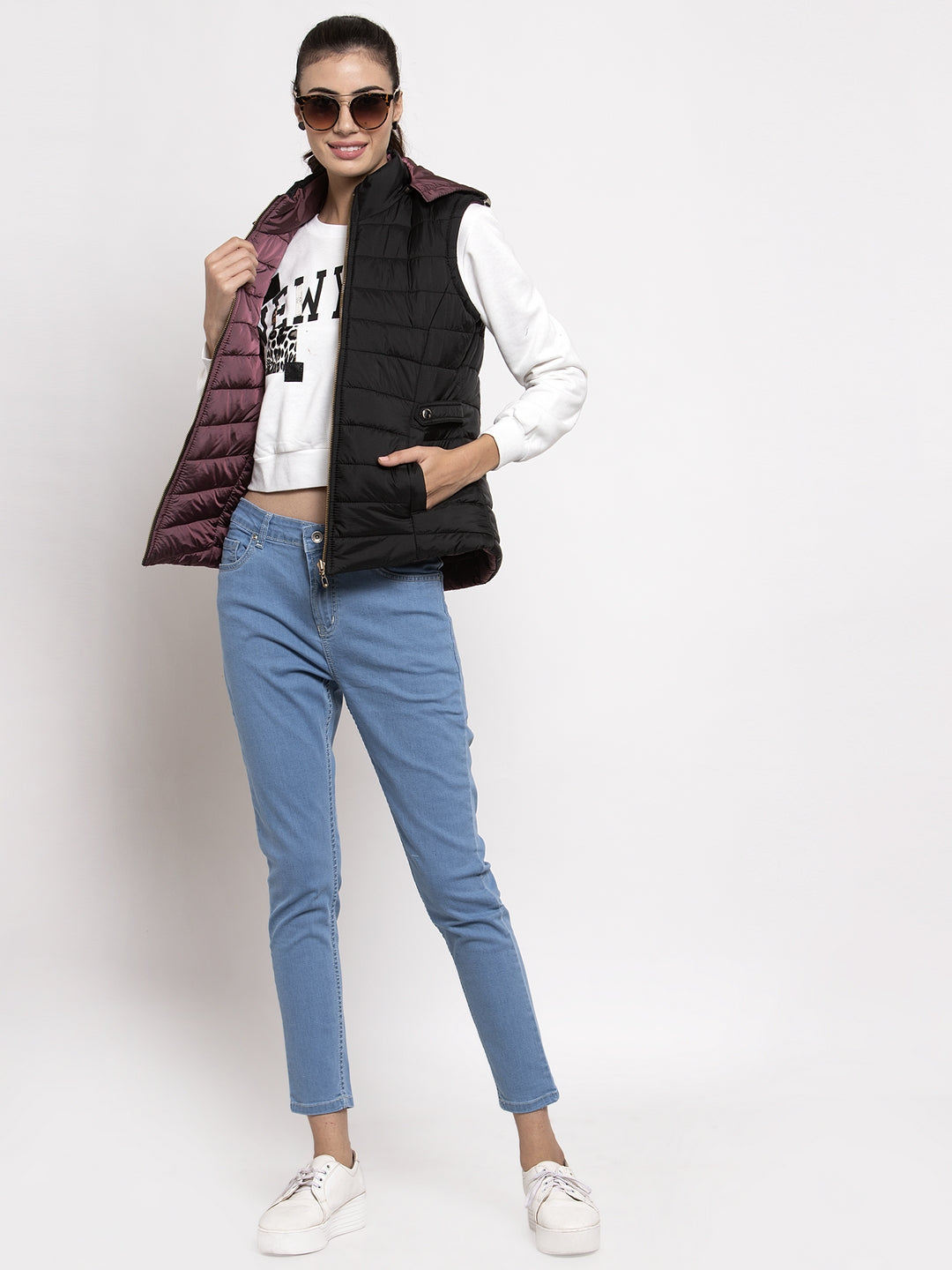 Women Black Solid Hooded Reversible Jacket