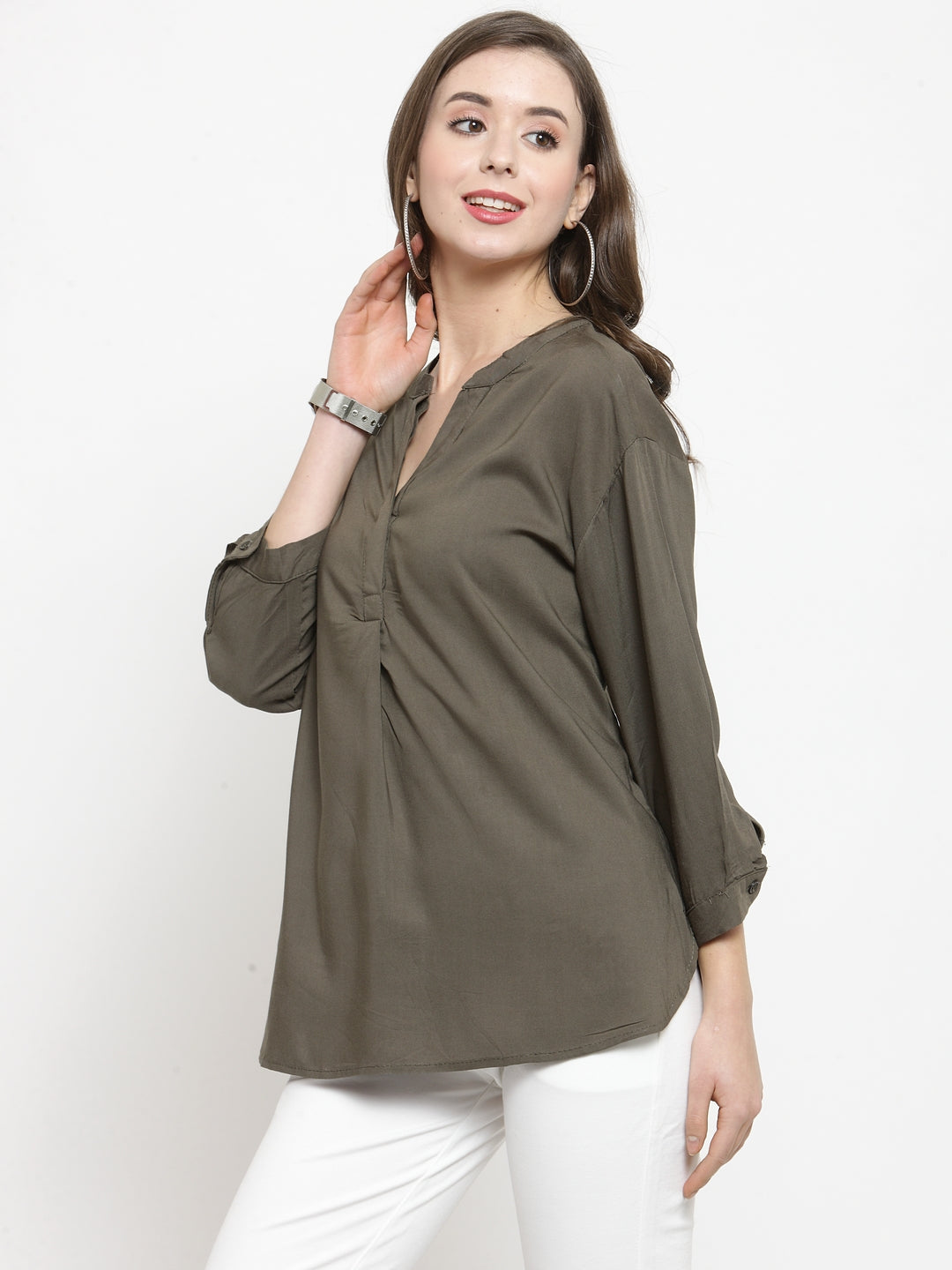 Women Solid Olive Green Relaxed Fit Top With Mandarin Collar
