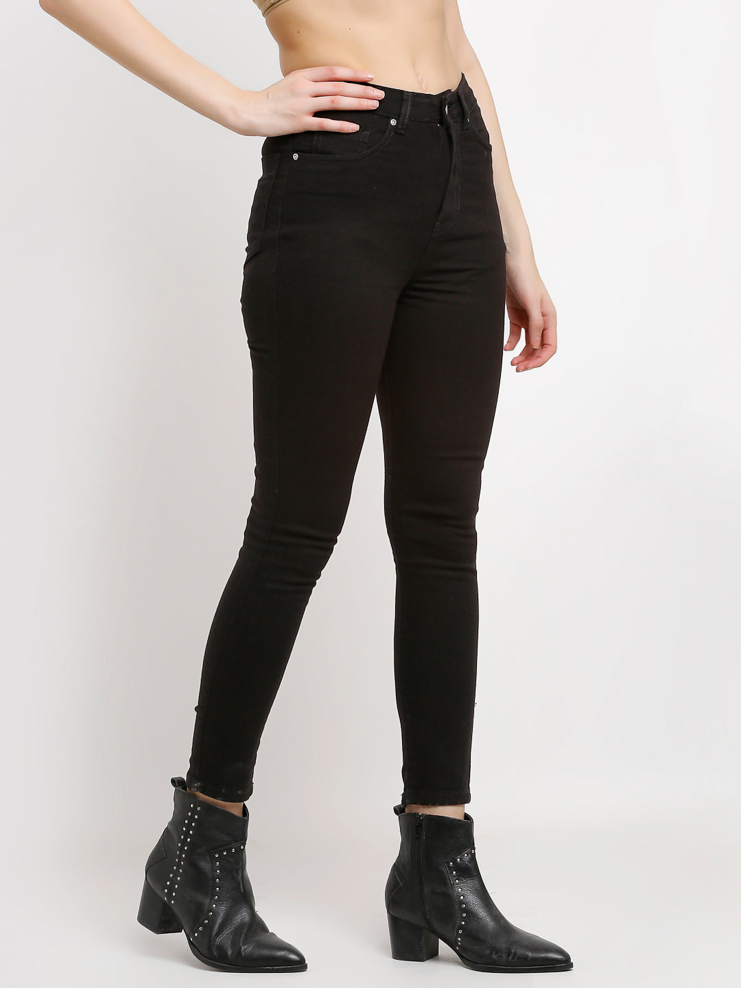 Women Mid Rise Solid Black Denim Skinny Jeans