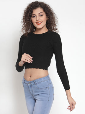 Women Solid Black Round Neck Pullover