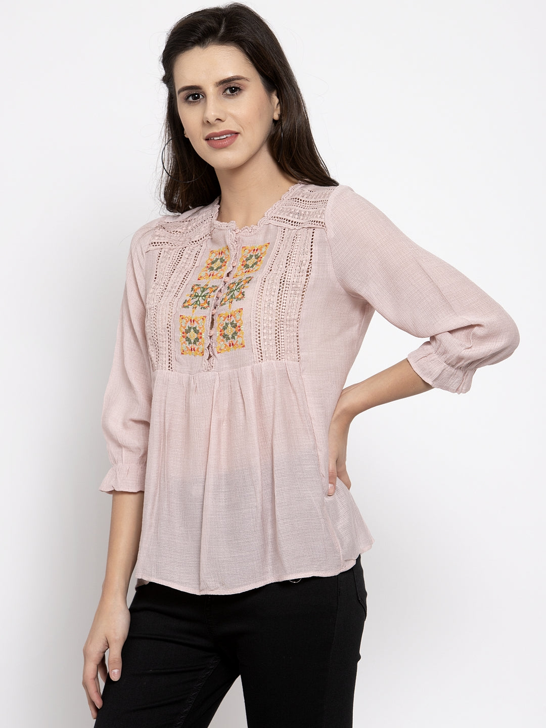 Women Pink Embroidered Top With Crochet Details