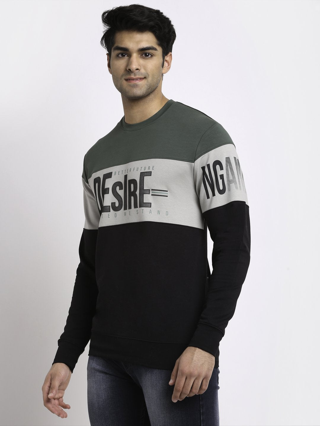 Men Mint Black Round Neck Hosiery Printed Sweatshirt