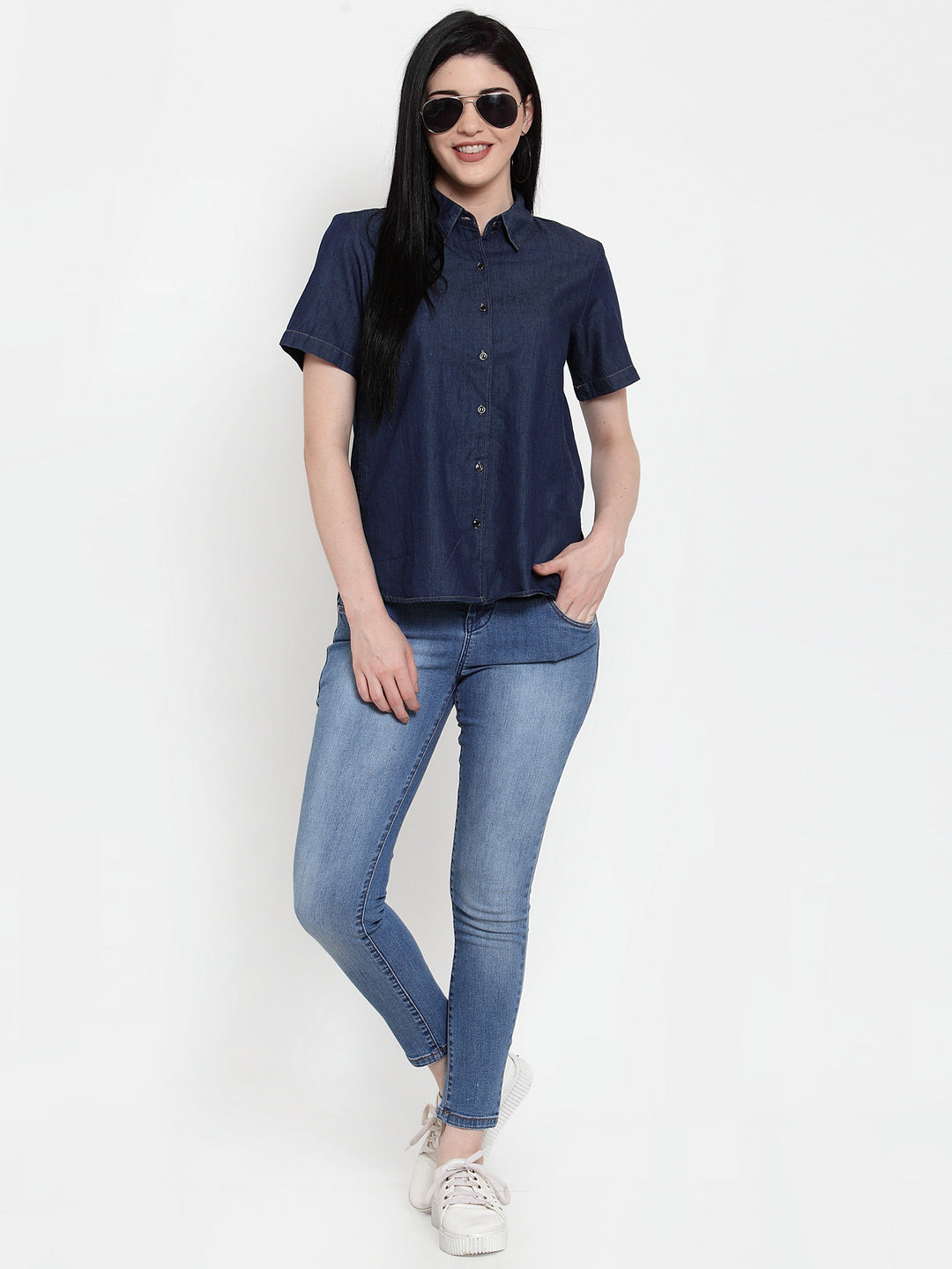 Women Blue Denim Shirt Collar  Shirt