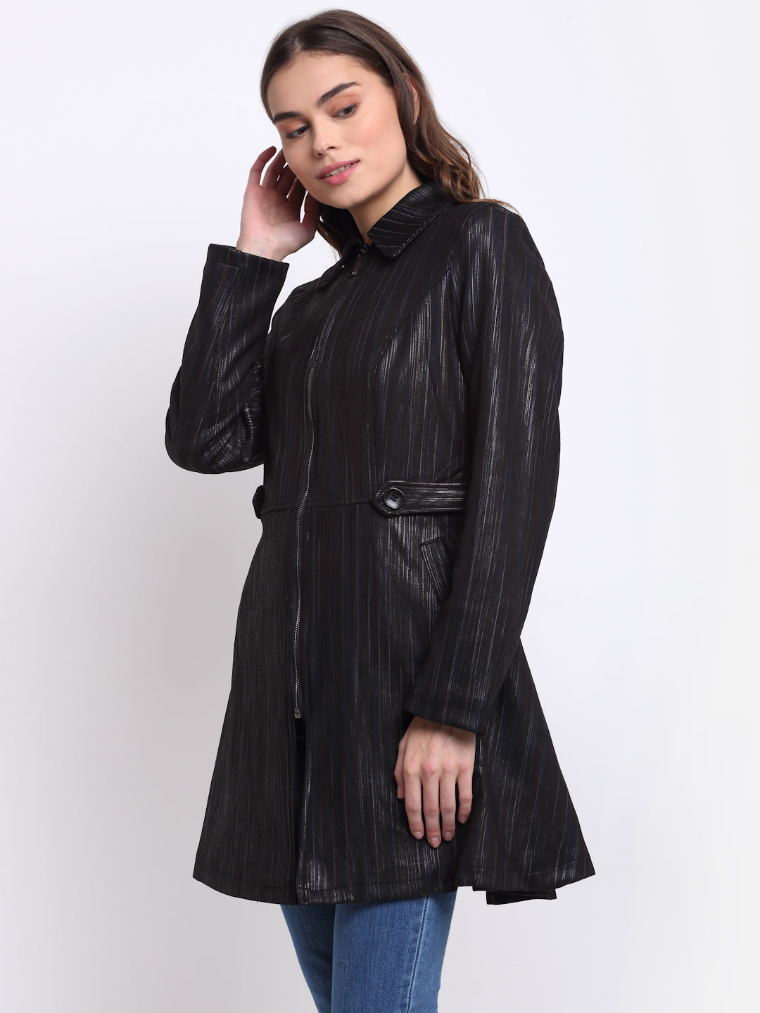 Fashionable  Black Collared Solid Polyester Coat