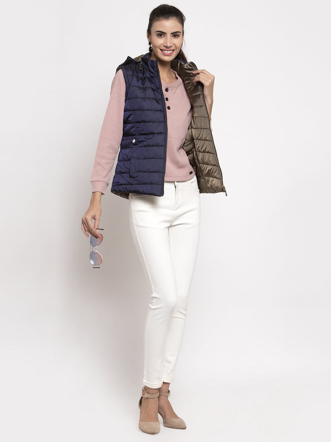 Women Navy Blue Solid Hooded Reversible Jacket
