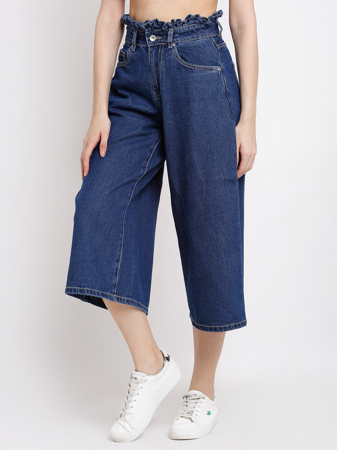 women blue denim solid calf length denim culottes