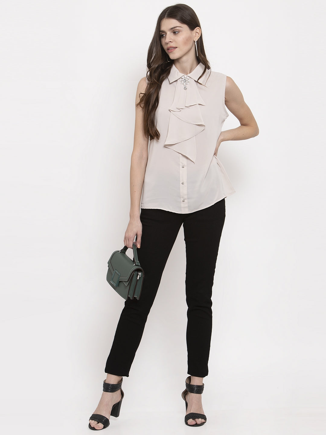 Ladies Beige collar draped Blouson Top