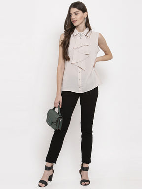 Ladies Beige collar draped Blouson Top
