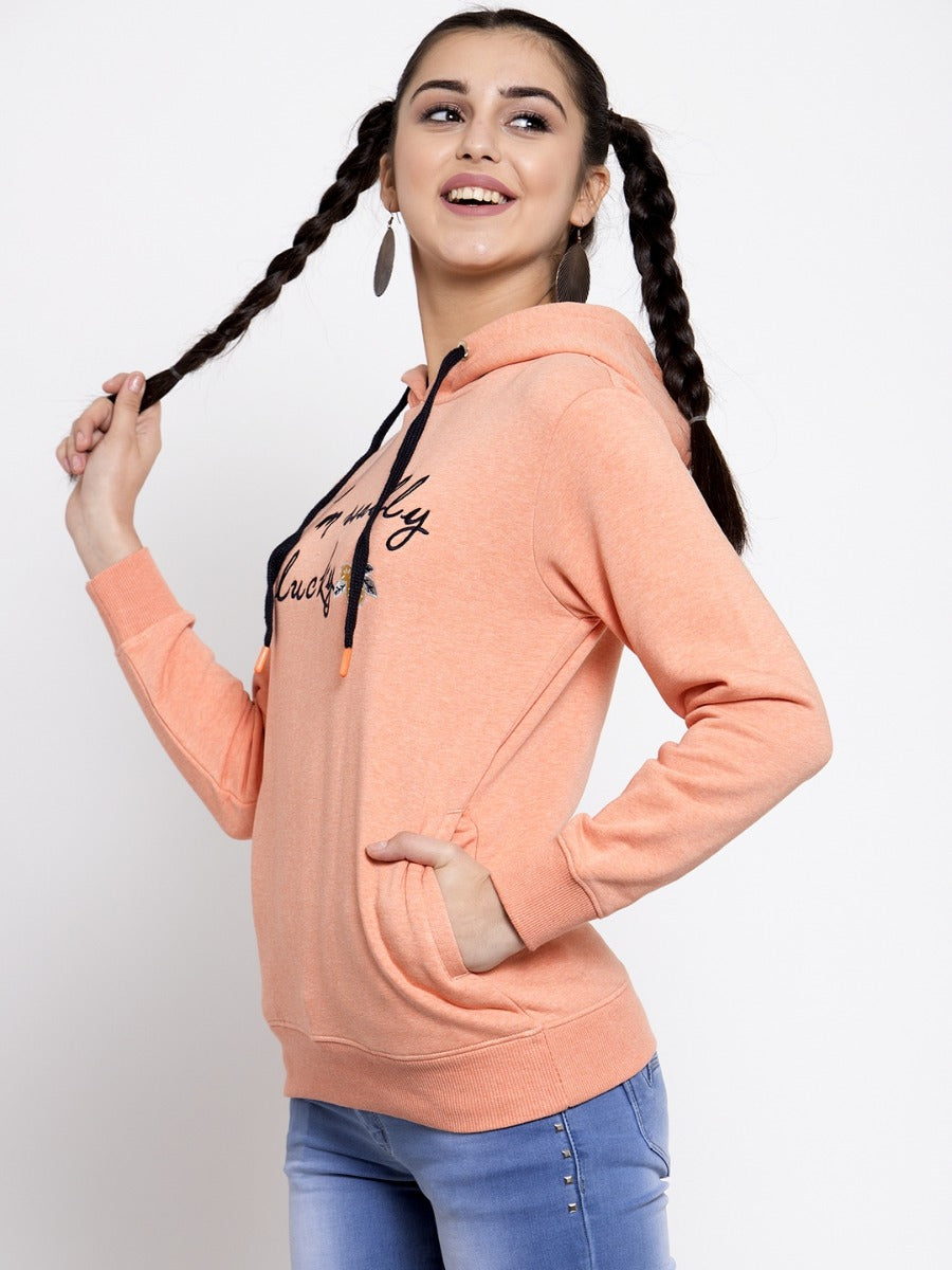 Women Printed Orange Hood Sweatshirt