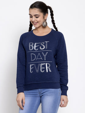 Women Printed Navy Blue Round Neck Sweatshirt