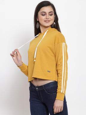 Women Solid Mustard Hood Sweatshirt