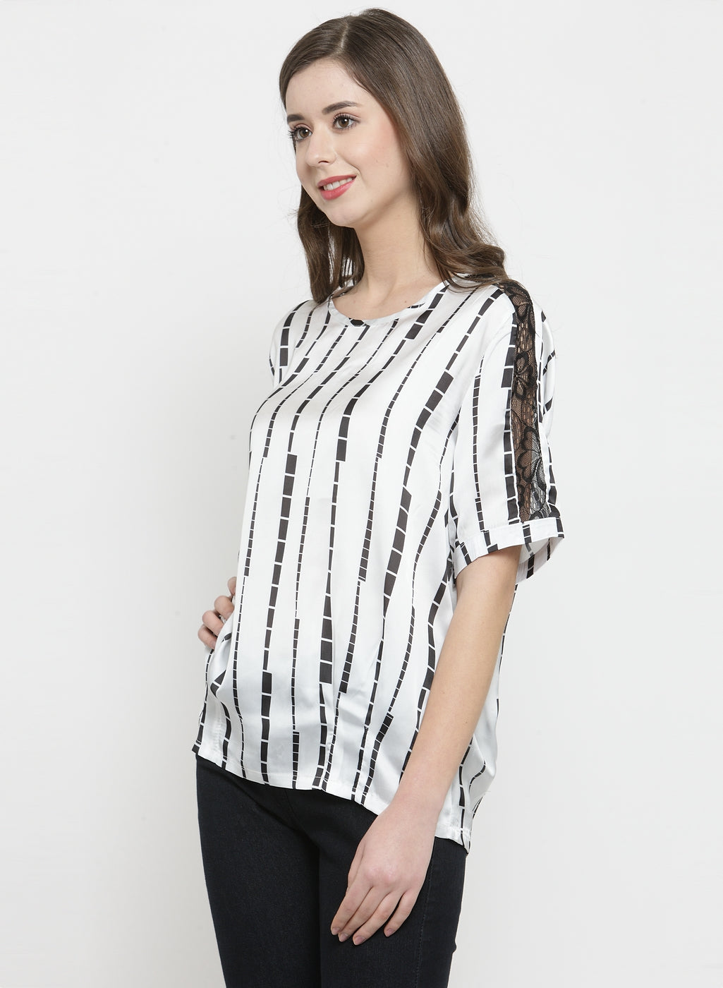 Women White Printed Top With Net Detail