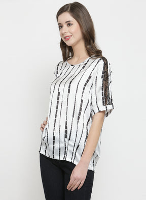 Women White Printed Top With Net Detail