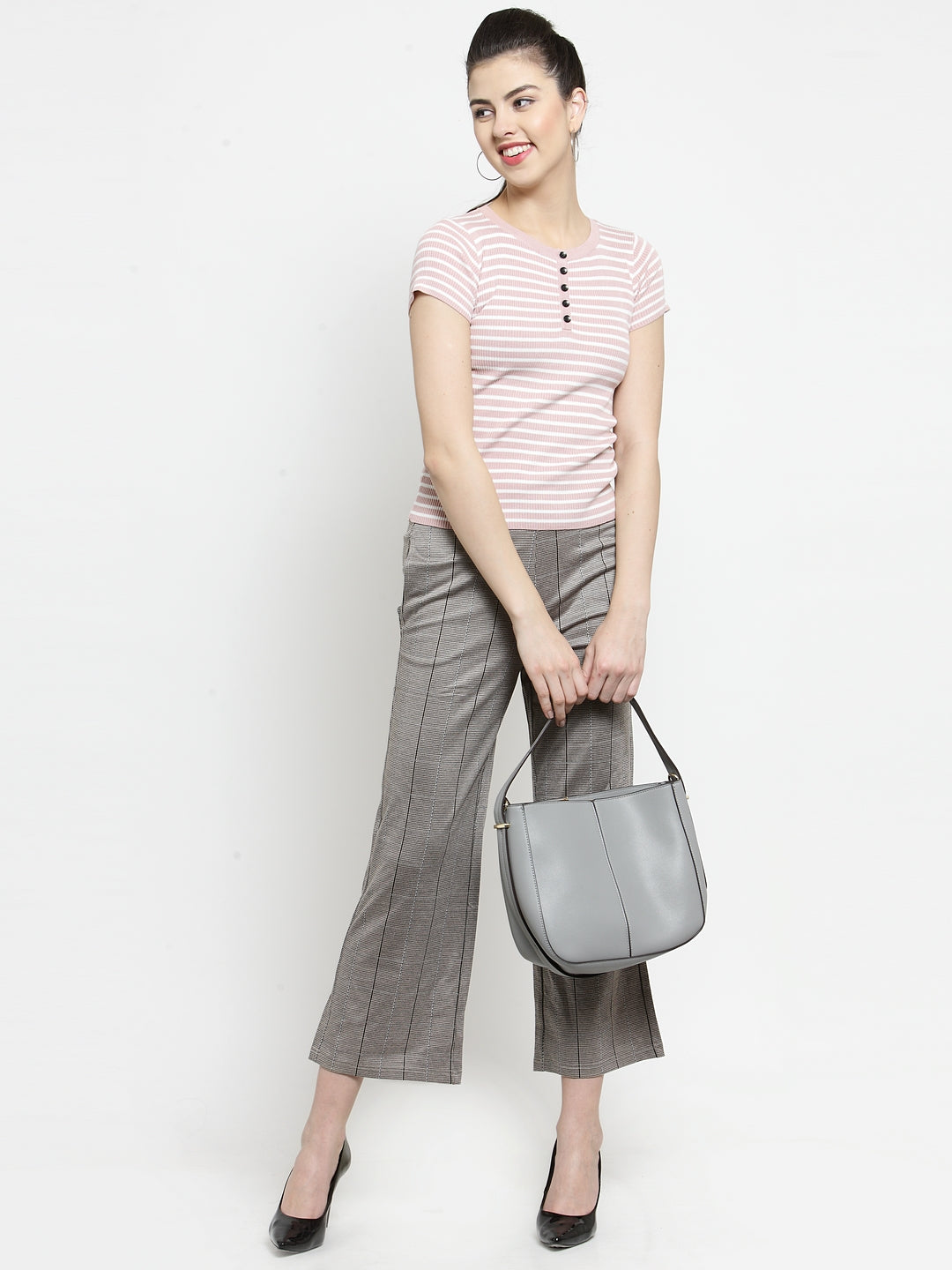 Women Brown Flared Trousers With Stripe Pattern