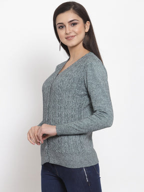 Women Solid Sage Green Woolen  V-Neck Cardigan