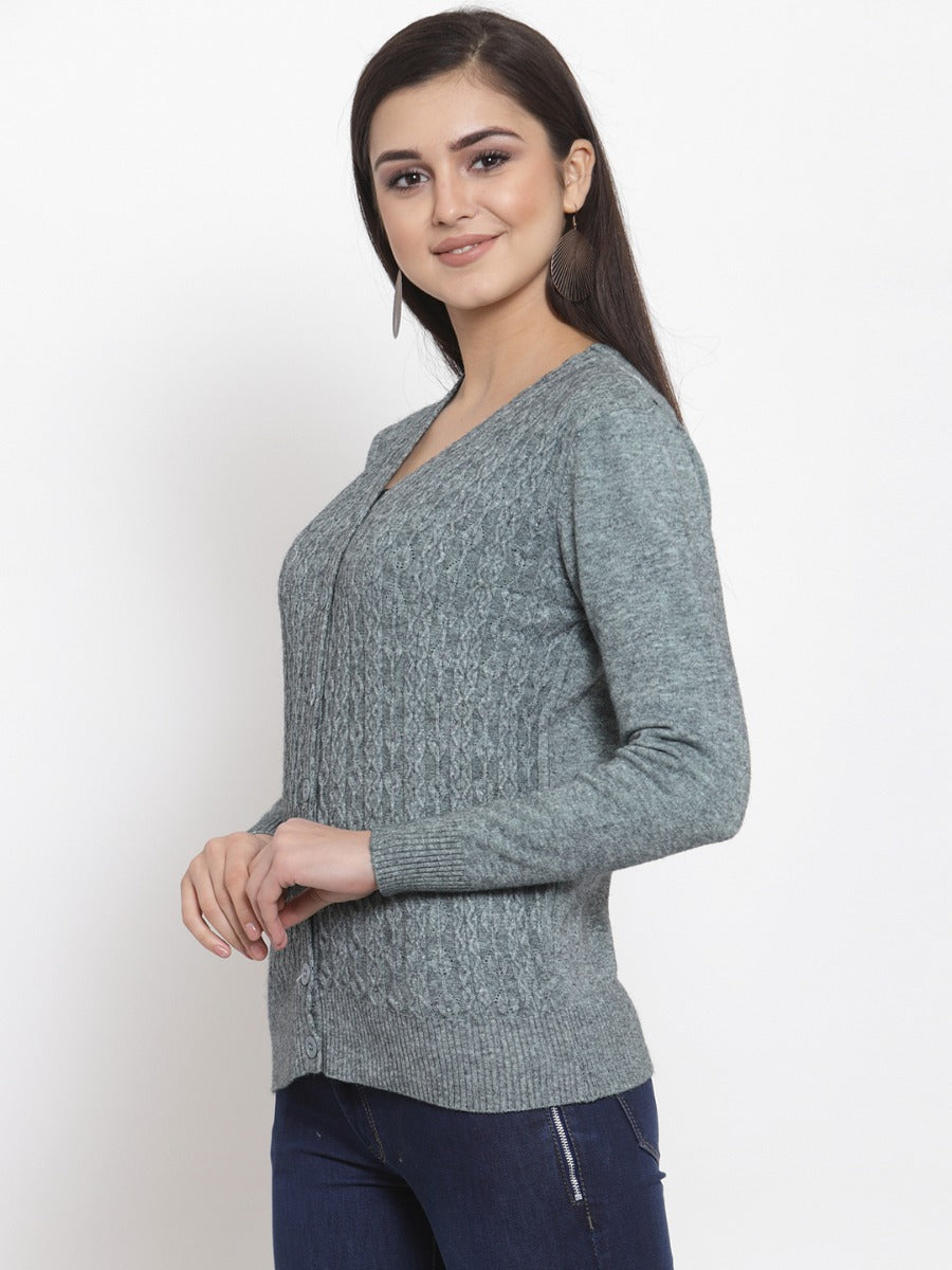 Women Solid Sage Green Woolen  V-Neck Cardigan