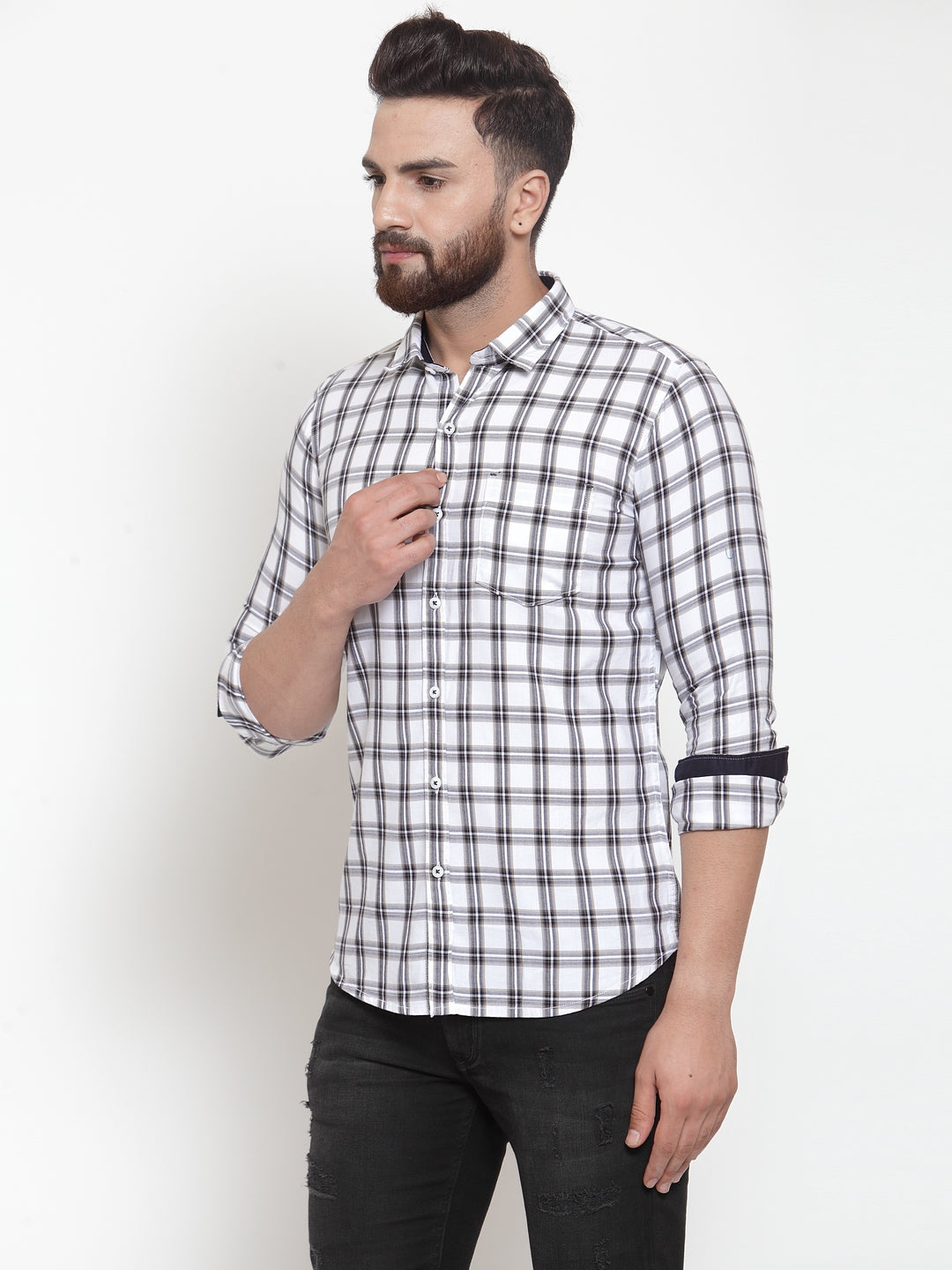 Men White & Blue Regular Fit Checked Casual Shirt