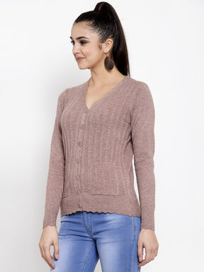 Women Solid Khaki V-Neck Cardigan