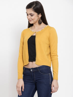 WOMEN SOLID MUSTARD ROUND NECK SHRUG
