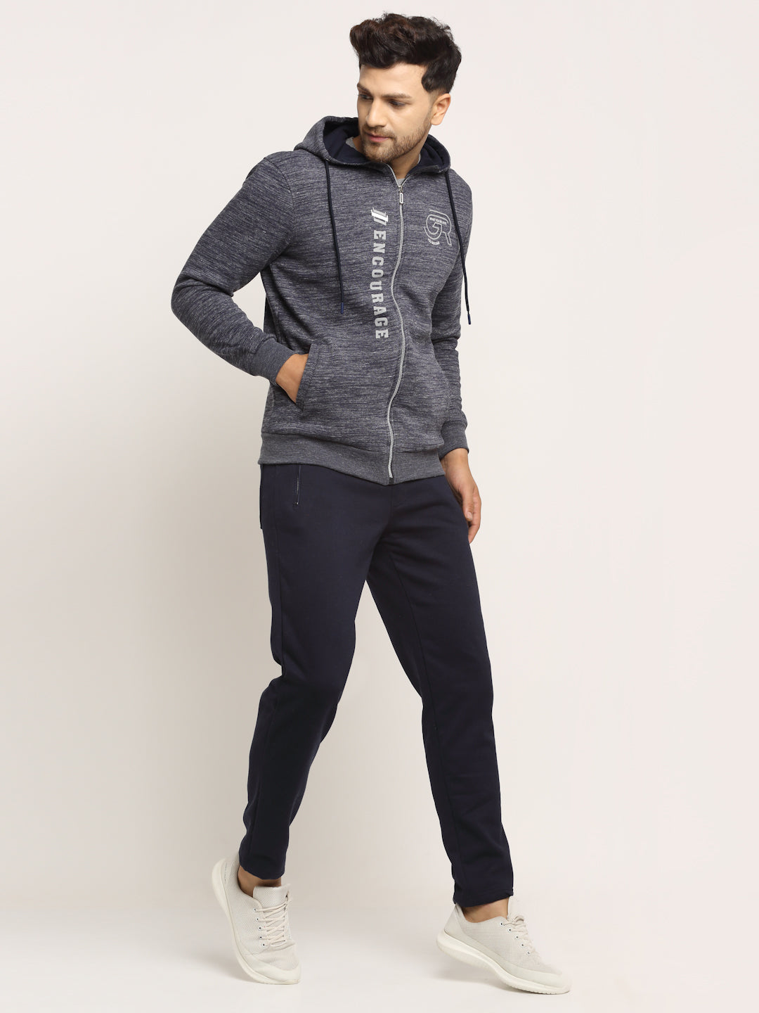 Men Navy Blue Hood Hosiery Solid Tracksuit