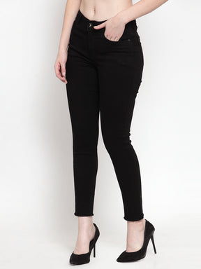 Women Skinny Frayed edges Black Jeans