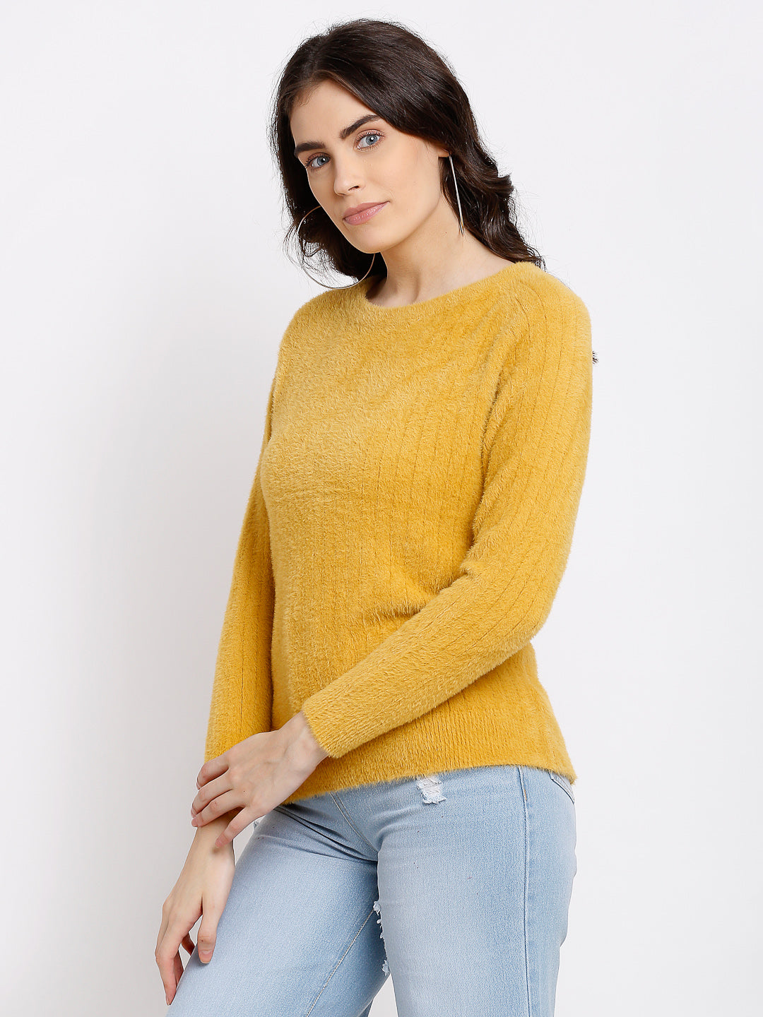 Women Mustard Knitted Solid Round Neck Pullover