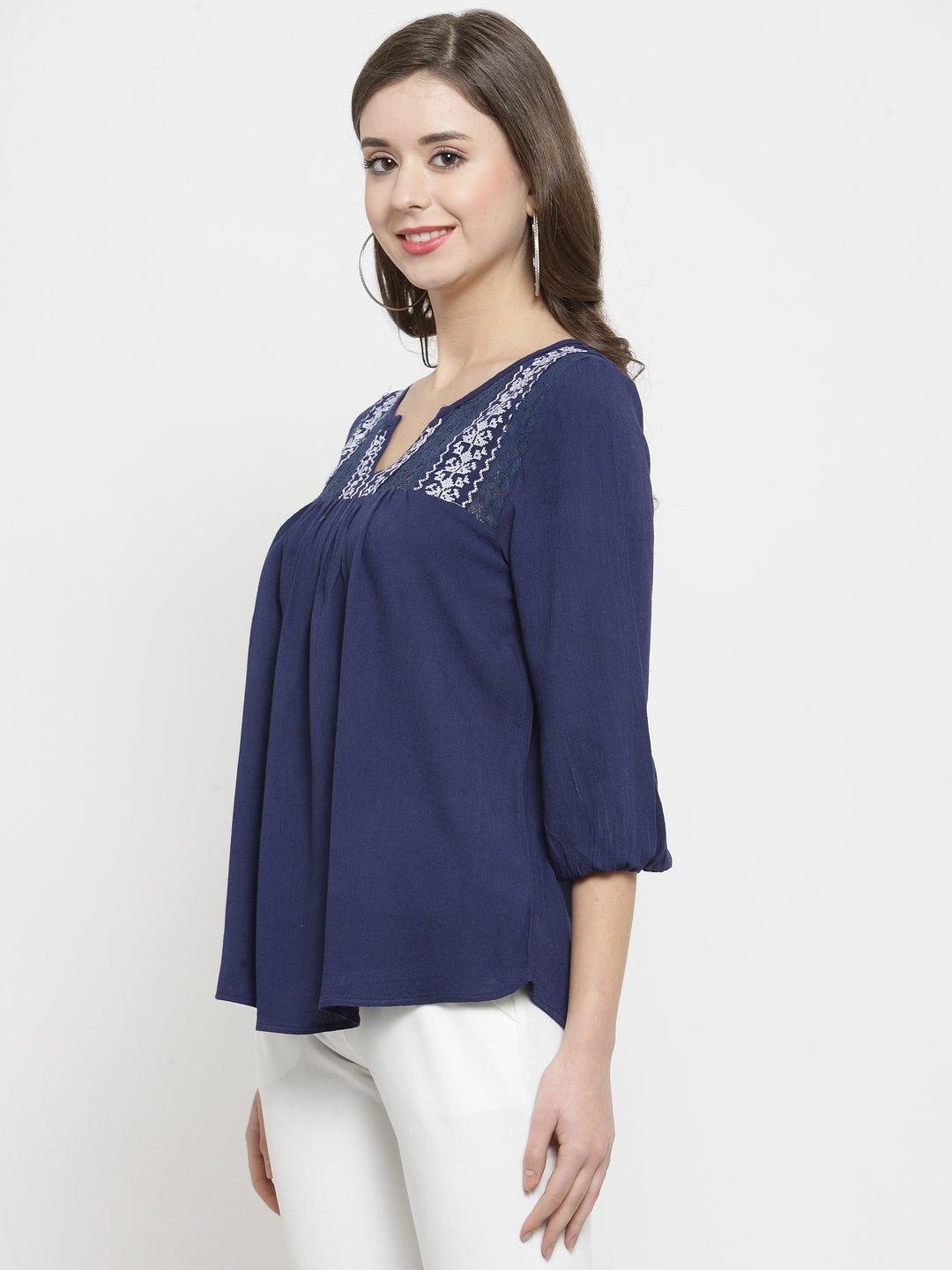 Women Navy Blue Embroidered  Top With Crochet Detail