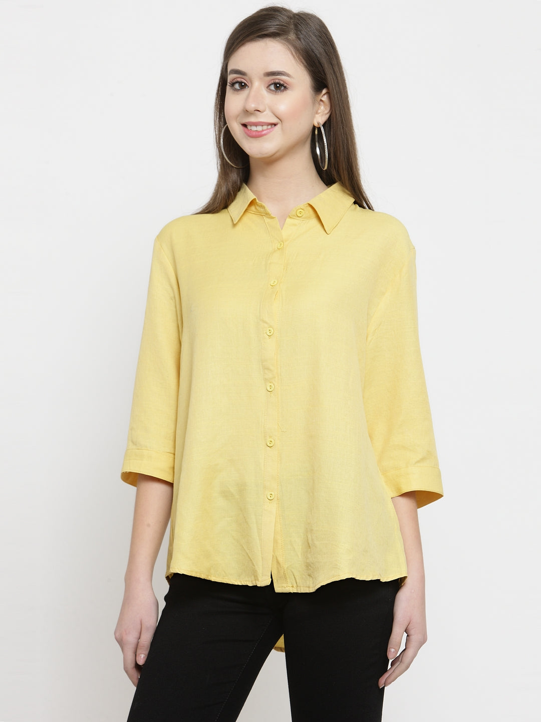 women yellow solid shirt collar relaxed fit shirt