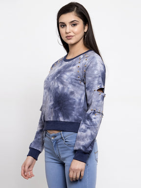 Women Solid Denim Round Neck Sweatshirt