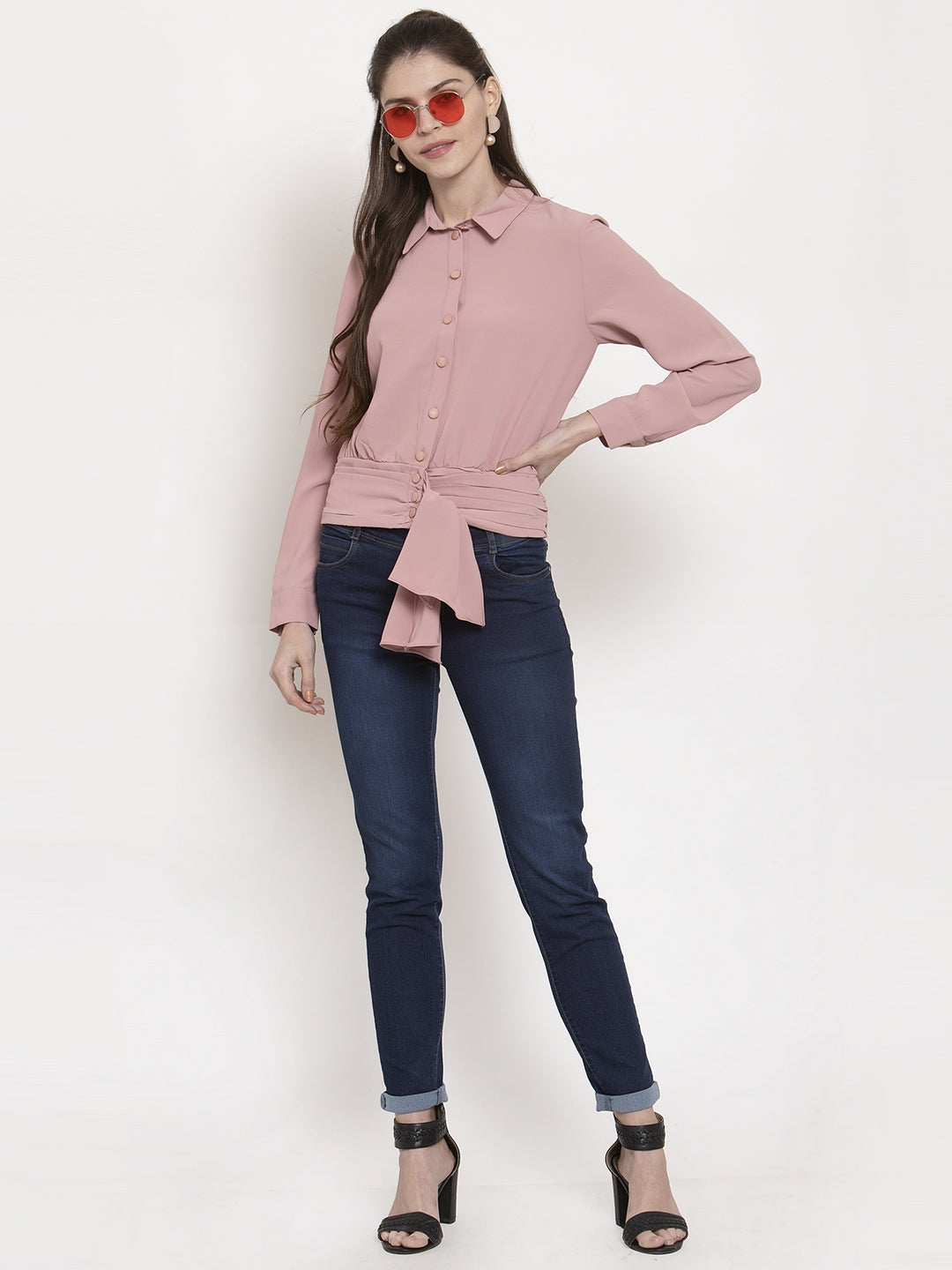Ladies Pinkish waist tied Collared Top