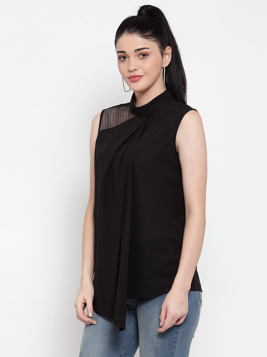 Women Black Turtle Neck Asymmetric Hem Top