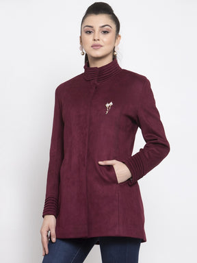 Women Solid Wine Faux Velvet Coat