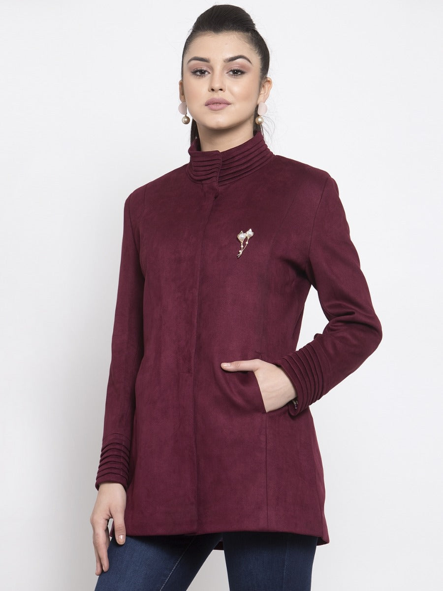 Women Solid Wine Faux Velvet Coat