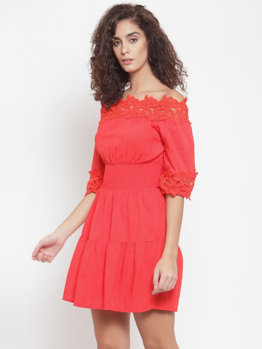 women red off shoulder dress with lace detail