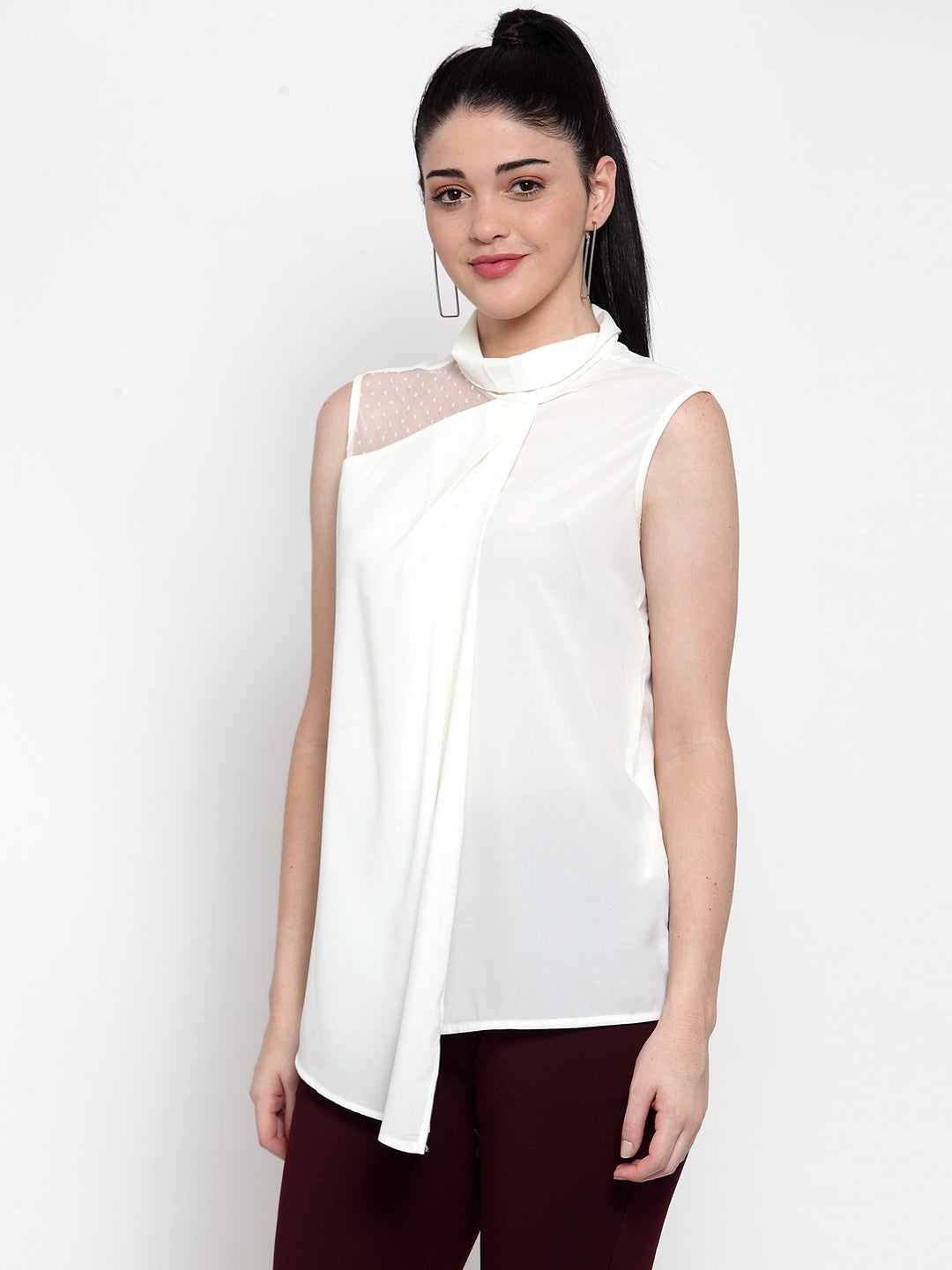 Women White Turtle Neck Asymmetric Hem Top