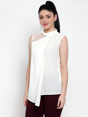 Women White Turtle Neck Asymmatric Hem Top