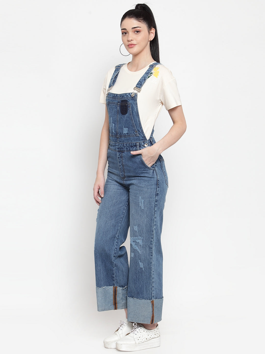 Women Blue Denim Solid Dungaree